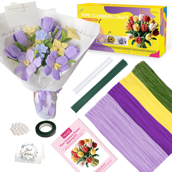 MQUPIN 350 Piece Pipe Cleaner Set, 4 Colors, Comes with Decorative Beads, Flower Bands, Thread, and Handbook - DIY Lily of the Valley Rose Tulip Hyacinth Bouquet (Purple)