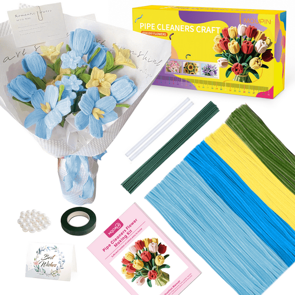 MQUPIN Pipe Cleaner Flower Set, 350 pieces of pipe cleaner to craft in 4 colors, with decorative beads, florist ribbon, flower wire & manual – DIY Pipe Cleaner Flower Kit (Blue)