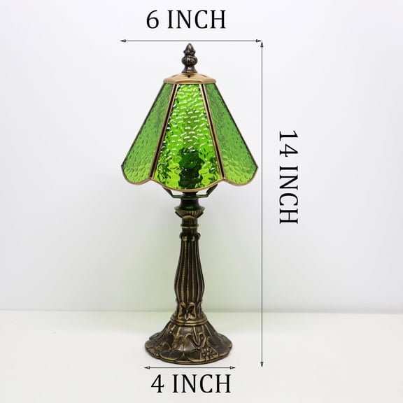 MQYXH Small Tiffany Table Lamp Grass Green Rippled Stained Glass Desk Lamps 6X6X14 Inch Bronze Resin Base Antique Mini Accent Light