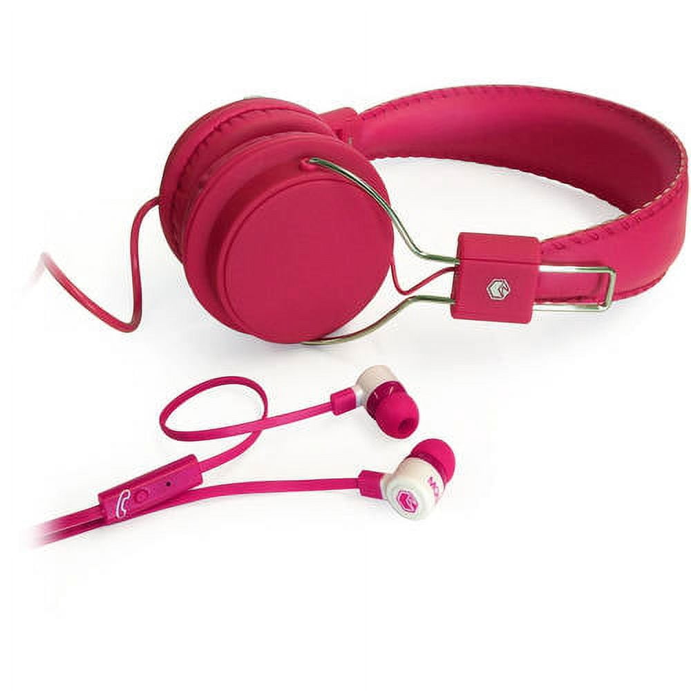 MQbix MQHT470PK 2-In-1 Combo Pack EarFoam Plus High-Performance In-Ear Earphones with Built-In Microphone and Deep Bass Stereo Headphones - Pink
