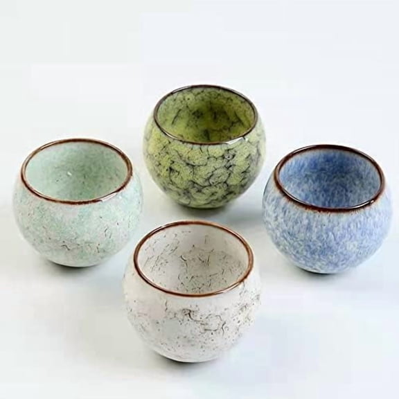 MQjzsh Handmade Chinese Japanese Tea Bowls, Tea Cup Set, 4 Pack, 110ml / 3.7oz for Office, Home, Gifts (Y,LbLg,W)$$Home Decor, Kitchen, & Other