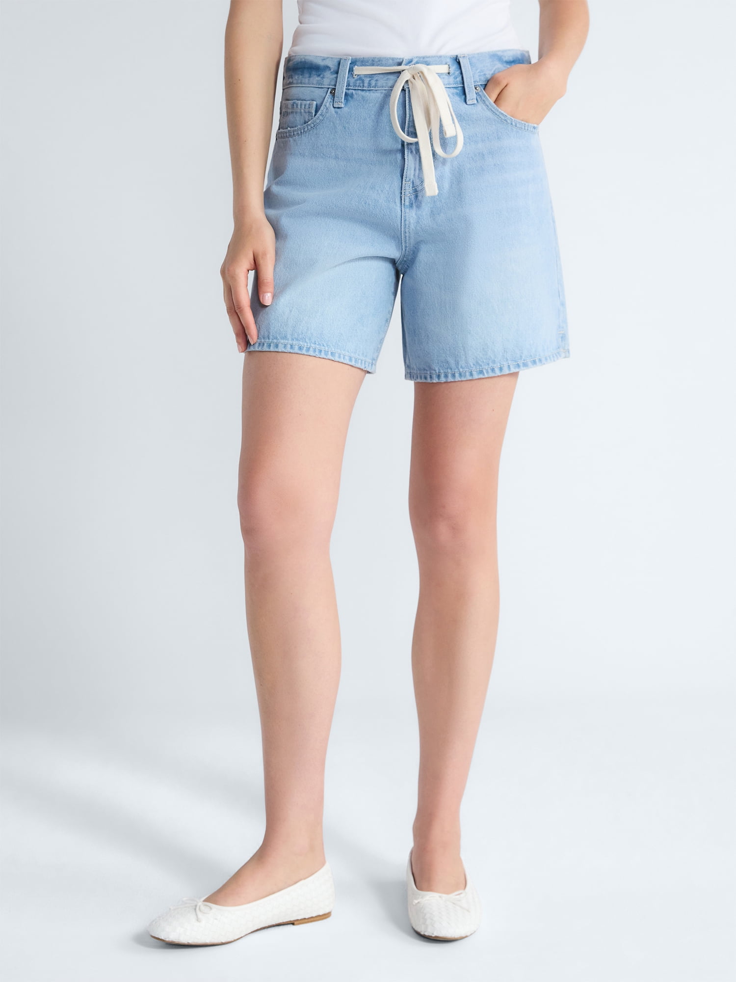Free Assembly Women's Denim Shorts with Twill Tie, 6" Inseam, Sizes 0-18