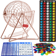 MR CHIPS 11 Inch Tall Professional Bingo Set with Steel Bingo Cage, Everlasting 7/8 Inch Bingo Balls, 18 Bingo Cards and 300 Bingo Chips - Rose Gold