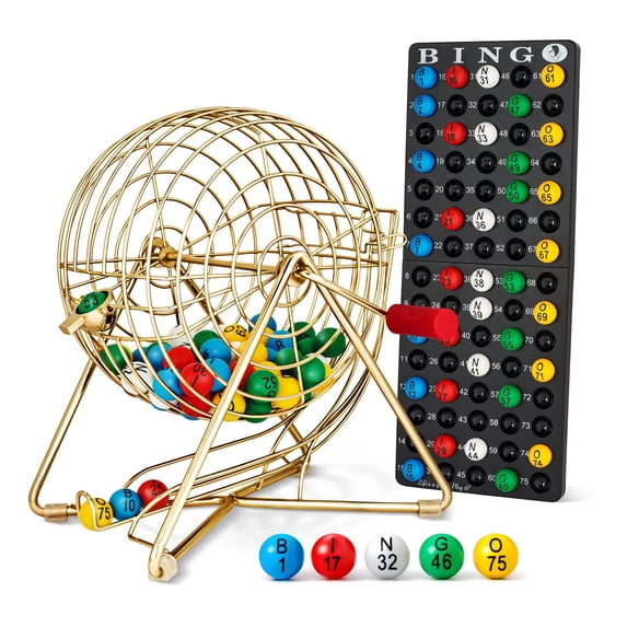MR CHIPS 11 Inch Tall Professional Bingo Set with Steel Bingo Cage, Everlasting 7/8 Inch Bingo Balls, Master Board for Bingo Balls - Luxury Gold