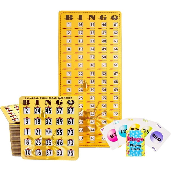 MR CHIPS Jam-Proof Bingo Cards with Sliding Windows - 25 Reusable Shutter Bingo Cards - 75 Bingo Calling Cards - 1 Bingo Master Board - Gold Rush Style