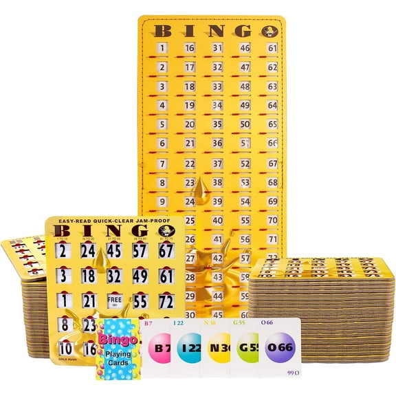 MR CHIPS Jam-Proof Bingo Cards with Sliding Windows - 50 Reusable Shutter Bingo Cards - 75 Bingo Calling Cards - 1 Bingo Master Board - Gold Rush Style