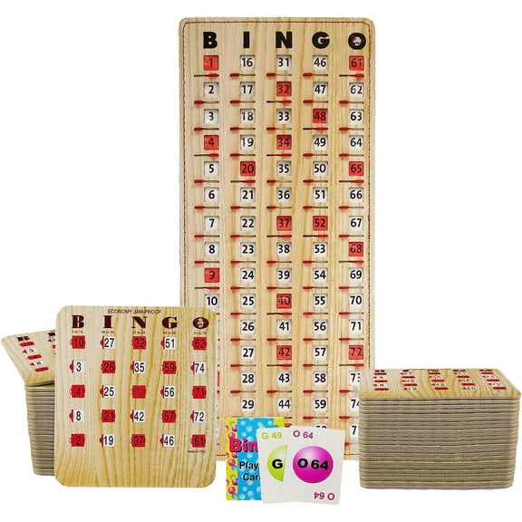 MR CHIPS Jam-Proof Bingo Cards with Sliding Windows - 50 Reusable Shutter Bingo Cards - 75 Bingo Calling Cards - 1 Bingo Master Board - Tan Style