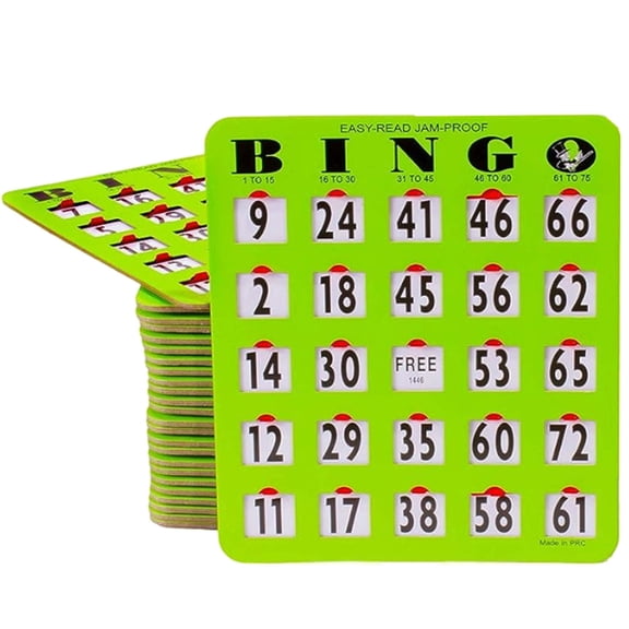 MR CHIPS Jam-Proof Easy-Read Large Print Fingertip Bingo Cards with Sliding Windows — Green, 25 Pack — for Seniors, Nursing Homes & Large Groups
