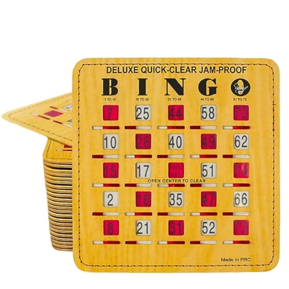 MR CHIPS Jam-Proof Easy-Read Quick-Clear Deluxe Fingertip Slide Bingo Cards with Sliding Windows - 50 Pack in Woodgrain Style