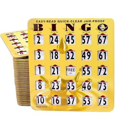 MR CHIPS Jam-Proof Easy-Read Quick-Clear Large Print Fingertip Slide Bingo Cards with Sliding Windows - 100 Pack in Gold Rush Style