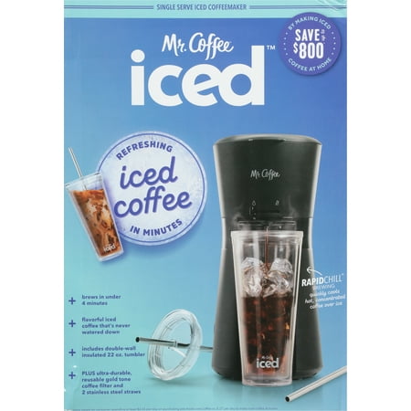 Mr. Coffee - Iced Single Serve Coffee Maker with Reusable Tumbler, Stainless Steel Straws and Reusable Gold-Tone Coffee Filter, Black - Black