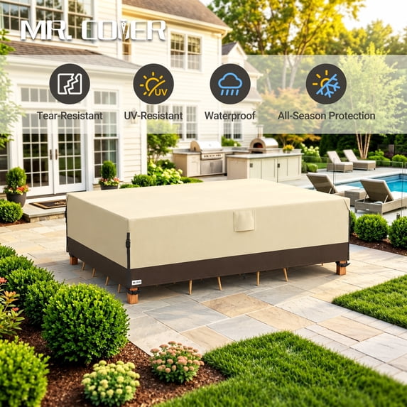 MR. COVER Patio Furniture Cover, Waterproof 600D Heavy Duty Outdoor Sofa and Table Set Cover, Rectangular Sectional Couch Protector, Fits 109"W x 84" Dx 28"H, Brown & Khaki