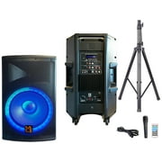 MR DJ 4500W Peak Bi-Amped Bluetooth DJ Speaker with 15 Woofer LED Party Lights Portable PA System, Built-In Media Player, Wired Mic, Speaker Stand, 3-Channel Mixer