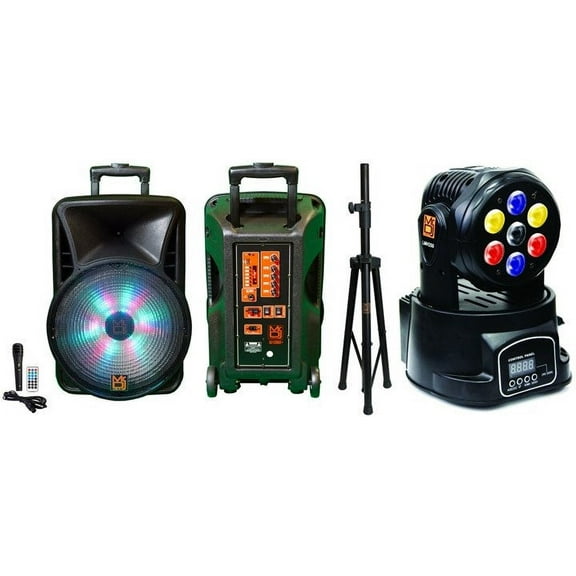 MR DJ DJ15BAT+ 15" Portable Bluetooth Speaker + Speaker Stand + 7-LED Moving Head DJ Light