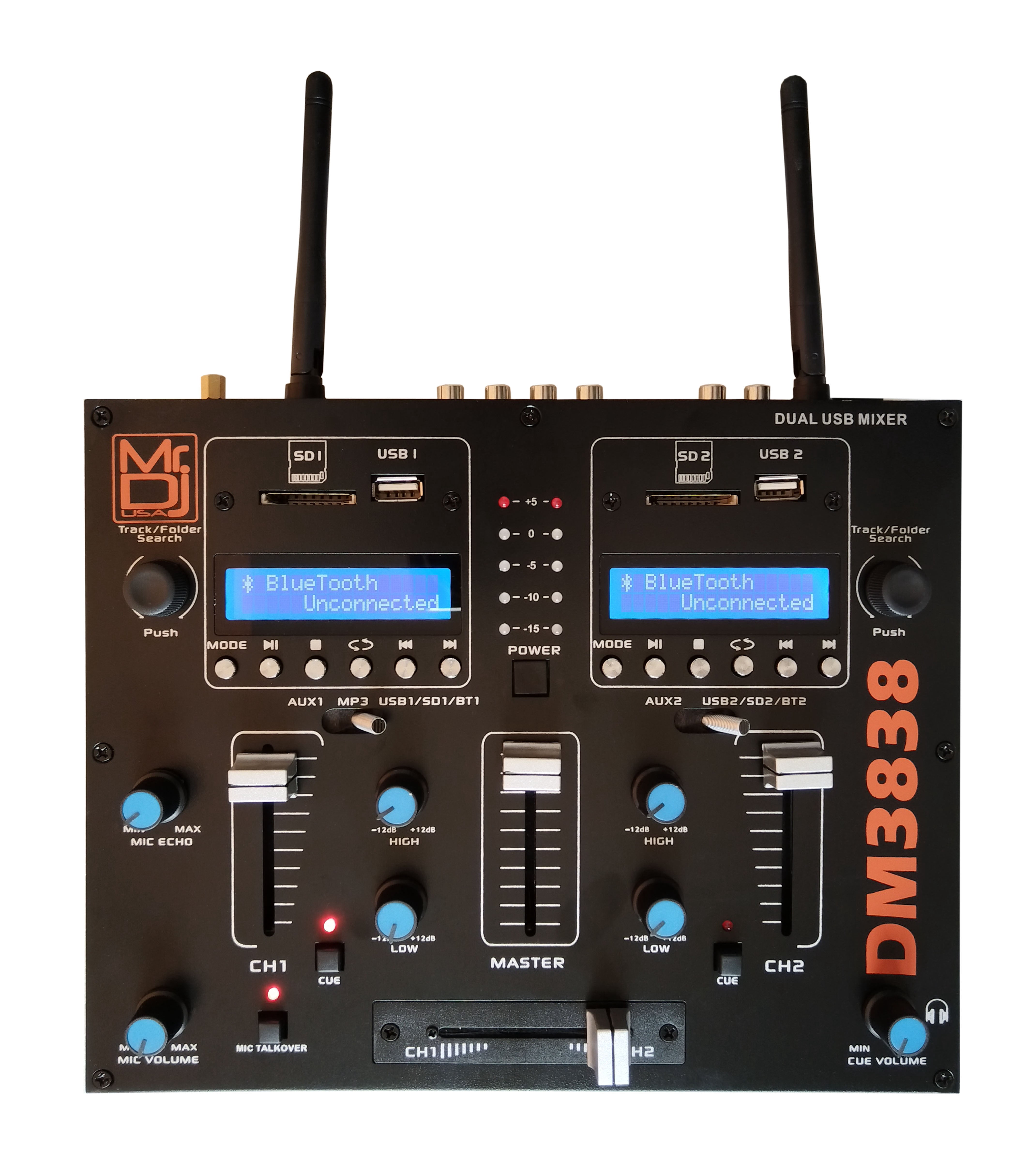 MR DJ DM3838 2 Channel Portable PA DJ Mixer Double Wireless Connection BT USB SD Slot