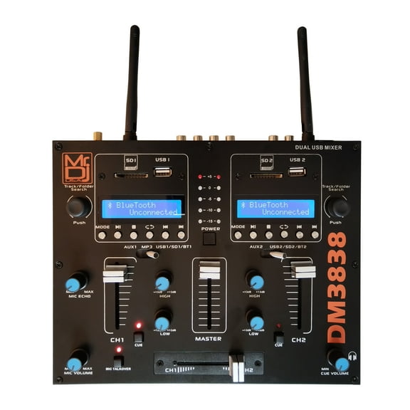 MR DJ DM3838 2 Channel Portable PA DJ Mixer Double Wireless Connection BT USB SD Slot