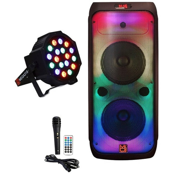 MR DJ FLAME3200 8" X 2 Rechargeable Portable Bluetooth Karaoke Speaker with Party Flame Lights Microphone TWS USB FM Radio + 18-LED Slim Par Wash DJ Light