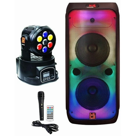 MR DJ FLAME3200 8" X 2 Rechargeable Portable Bluetooth Karaoke Speaker with Party Flame Lights Microphone TWS USB FM Radio + 7-LED Moving Head DJ Light