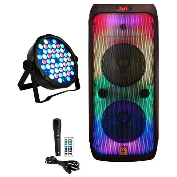 MR DJ FLAME4200 10" X 2 Rechargeable Portable Bluetooth Karaoke Speaker with Party Flame Lights Microphone TWS USB FM Radio + 54-LED Slim Par Wash DJ Light