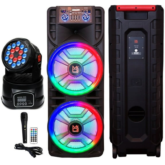 MR DJ NEWYORK+ 12" X 2 Rechargeable Portable Bluetooth Karaoke Speaker with Party Flame Lights Microphone TWS USB FM Radio + 18-LED Moving Head DJ Light