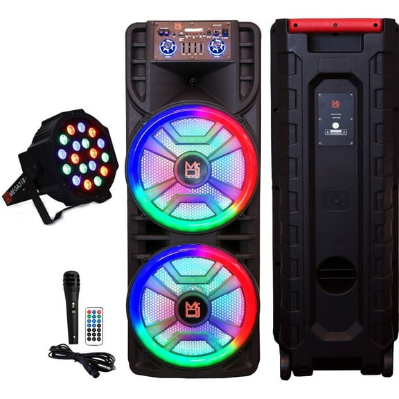 MR DJ NEWYORK+ 12" X 2 Rechargeable Portable Bluetooth Karaoke Speaker with Party Flame Lights Microphone TWS USB FM Radio + 18-LED Slim Par Wash DJ Light