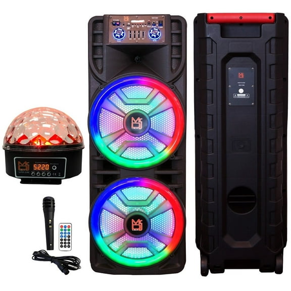 MR DJ NEWYORK+ 12" X 2 Rechargeable Portable Bluetooth Karaoke Speaker with Party Flame Lights Microphone TWS USB FM Radio + LED Crystal Magic Ball