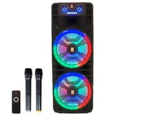 MR DJ NEWYORK 2.0 Dual 12" Rechargeable Portable Bluetooth Karaoke Speaker Party Flame Lights with 2 Wireless Microphone TWS USB FM Radio