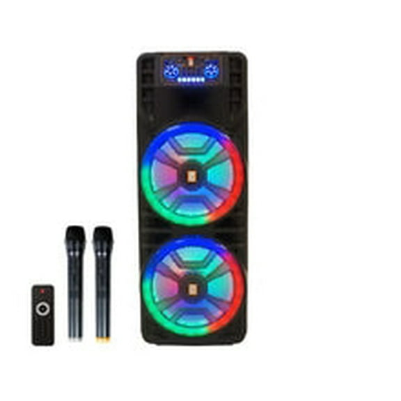 MR DJ NEWYORK 2.0 Dual 12" Rechargeable Portable Bluetooth Karaoke Speaker Party Flame Lights with 2 Wireless Microphone TWS USB FM Radio
