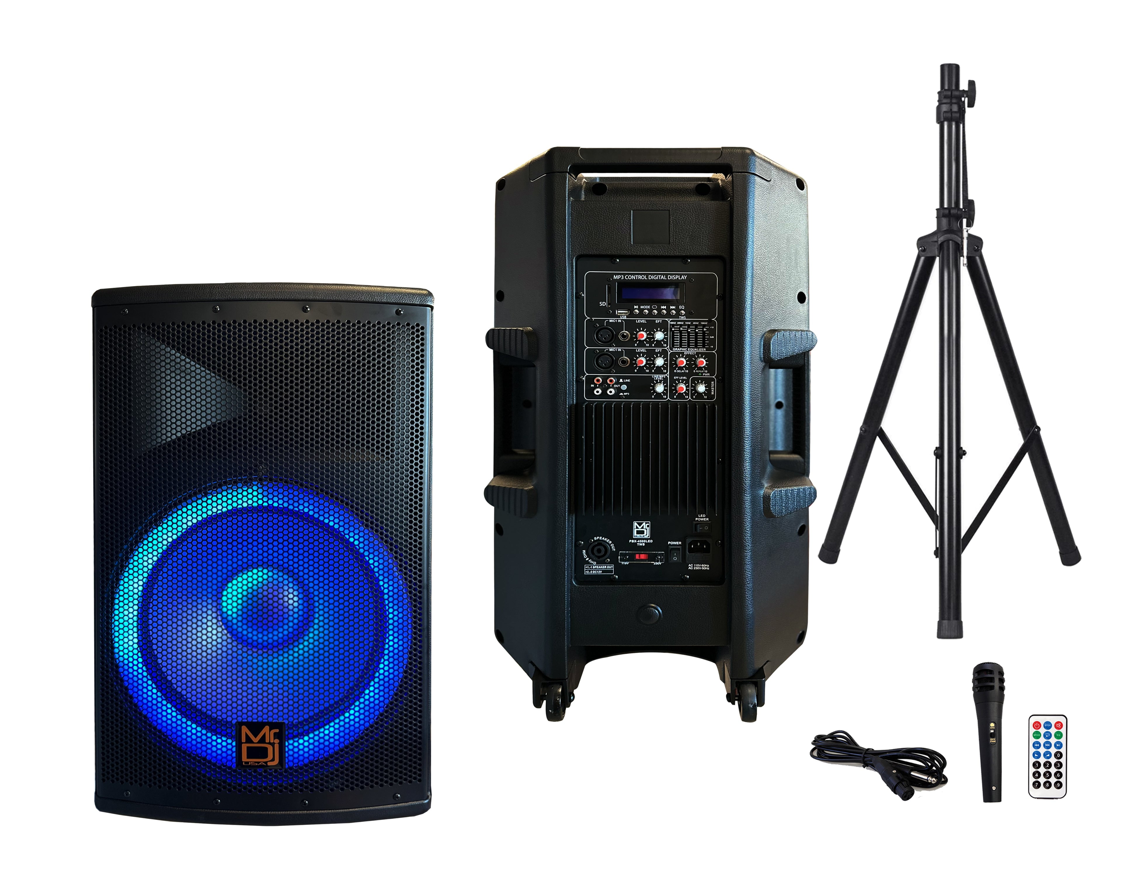 MR DJ PBX4500LED 15" 2-Way PA DJ 4500W Active Powered Bluetooth Karaoke Speaker LED Lighting + Speaker Stand