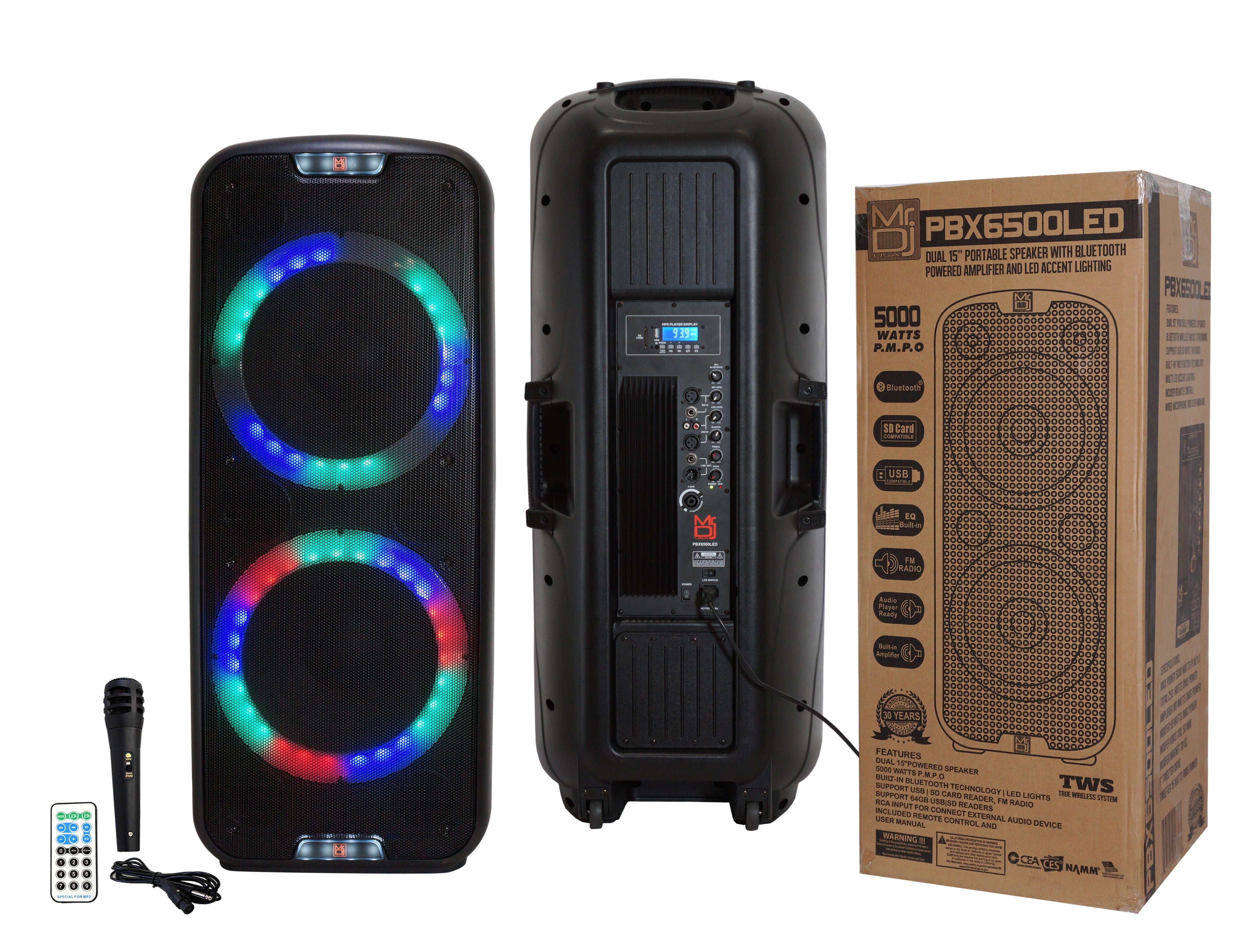 MR DJ PBX6500LED Professional Dual 15 3-Way Full-Range Powered/Active DJ PA Multipurpose Live Sound Bluetooth Loudspeaker