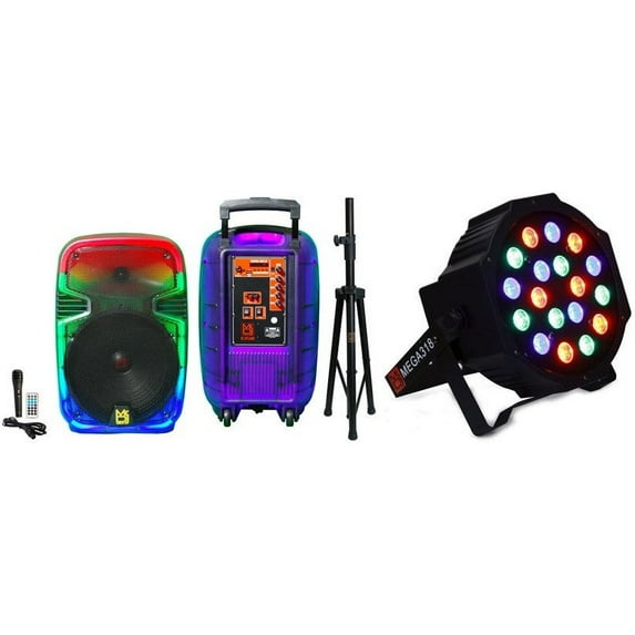 MR DJ PL15FLAME 15" Portable Translucent Bluetooth Speaker + Speaker Stand + 18-LED Slim Par Wash DJ LightMR DJ PL15FLAME 15" Portable Translucent Bluetooth Speaker + Speaker Stand + 18-LED Slim Par