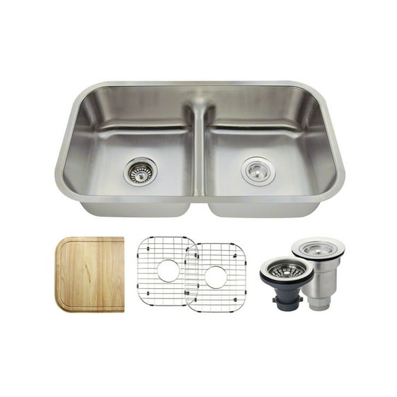 MR Direct 512 16 Gauge Undermount Stainless Steel 32-1/2 in. Double Bowl Kitchen Sink Ensemble