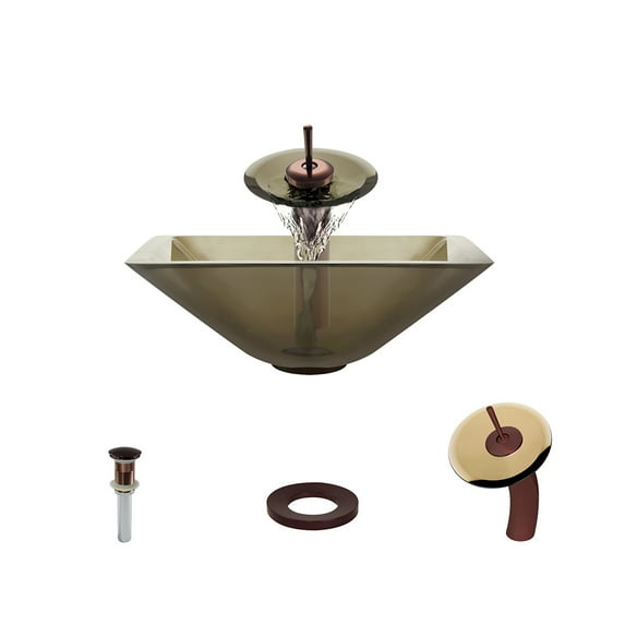 MR Direct 603 Taupe Vessel Sink Ensemble with an Oil-rubbed Bronze finish waterfall faucet, pop-up drain, and sink ring.