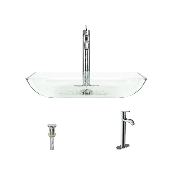 MR Direct 640 Crystal Vessel Sink Ensemble with a Chrome finish 718 faucet and pop-up drain.