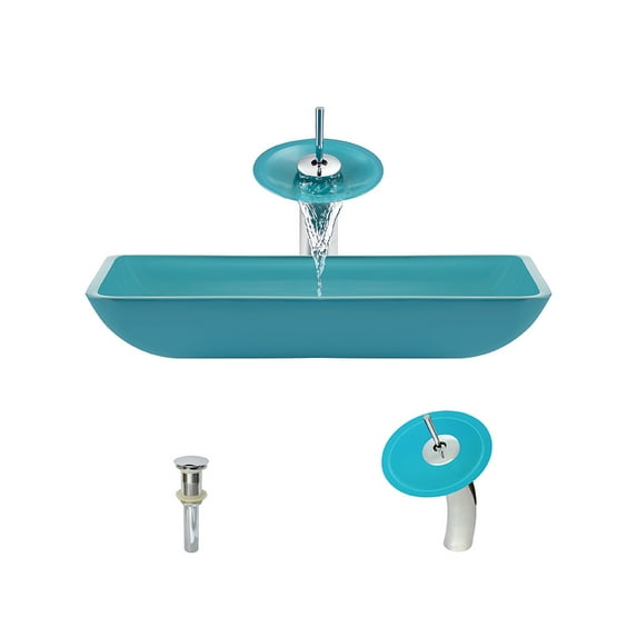 MR Direct 640 Turquoise Vessel Sink Ensemble with a Chrome finish waterfall faucet and pop-up drain.