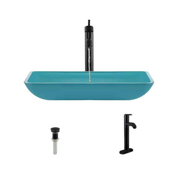 MR Direct 640 Turquoise Vessel Sink Ensemble with an Antique Bronze finish 718 faucet and pop-up drain.