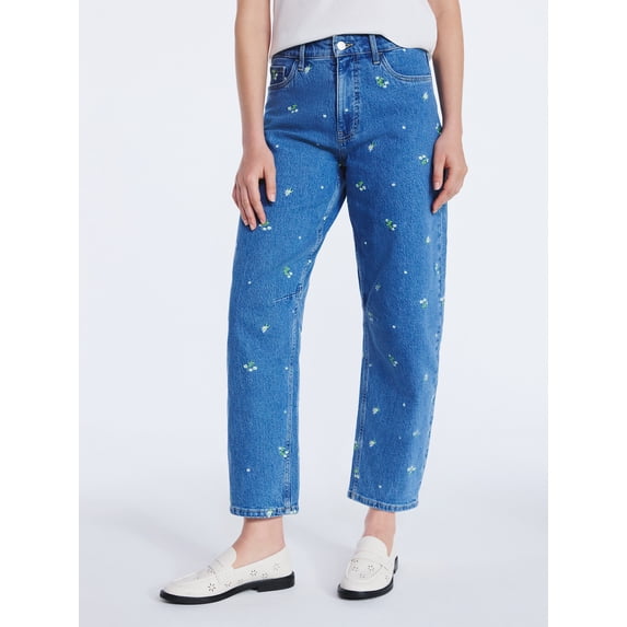 Free Assembly Women's and Women's Plus Embroidered Mid Rise Cropped Barrel Jeans, Sizes 0-26W