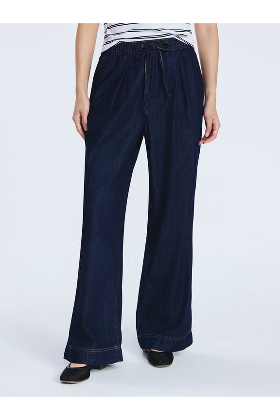Women's and Women's Plus Loose Fitting Wide Leg Jeans with Adjustable Tie Waist, 29”, 31" and 33" Inseam, Sizes XXS-4X