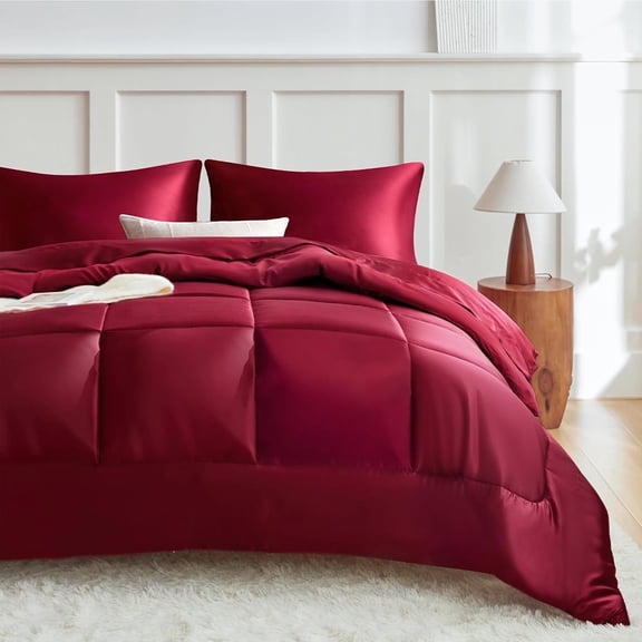 MR&HM Reversible Satin Microfiber Comforter 3 Pieces Full Size, Burgundy Full Comforter Set for All Seasons, Silky Soft Satin Comforter for Hair and Skin, with Satin Pillowcases Set of 2