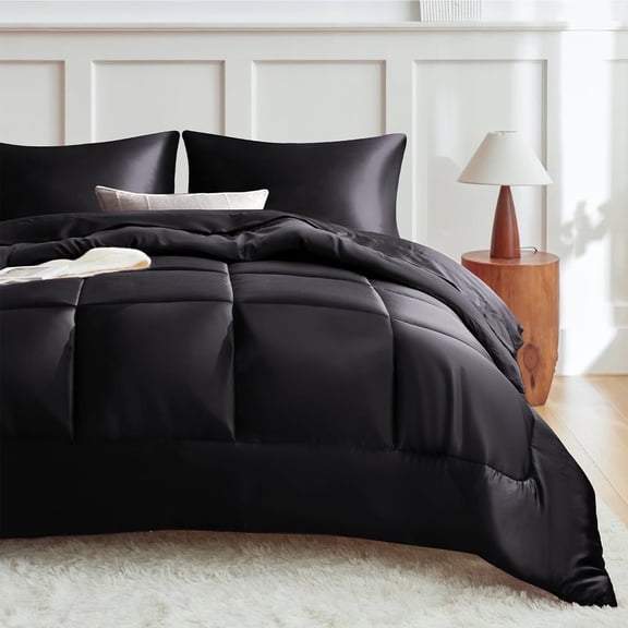 MR&HM Reversible Satin Microfiber Comforter 3 Pieces Queen Size, Black Queen Comforter Set for All Seasons, Silky Soft Satin Comforter for Hair and Skin, with Satin Pillowcases Set of 2