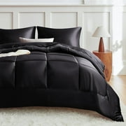 MR&HM Reversible Satin Microfiber Comforter 3 Pieces Full Size, Black Full Comforter Set for All Seasons, Silky Soft Satin Comforter for Hair and Skin, with Satin Pillowcases Set of 2