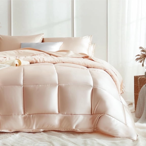 MR&HM Reversible Satin Microfiber Comforter 3 Pieces Queen Size, Champagne Queen Comforter Set for All Seasons, Silky Soft Satin Comforter for Hair and Skin, with Satin Pillowcases Set of 2