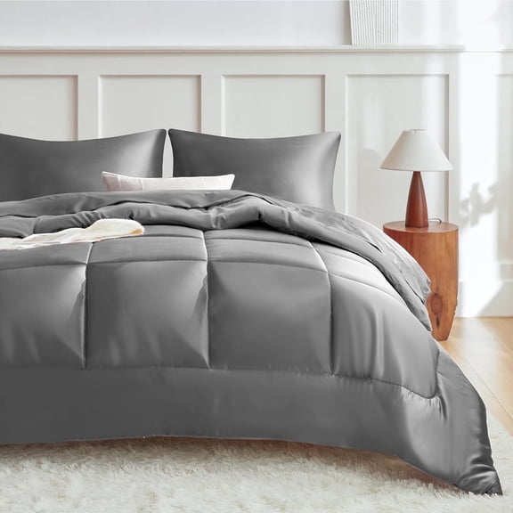 MR&HM Reversible Satin Microfiber Comforter 3 Pieces Queen Size, Dark Grey Queen Comforter Set for All Seasons, Silky Soft Satin Comforter for Hair and Skin, with Satin Pillowcases Set of 2