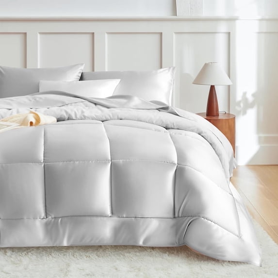 MR&HM Reversible Satin Microfiber Comforter 3 Pieces Full Size, Silver Grey Full Comforter Set for All Seasons, Silky Soft Satin Comforter for Hair and Skin, with Satin Pillowcases Set of 2
