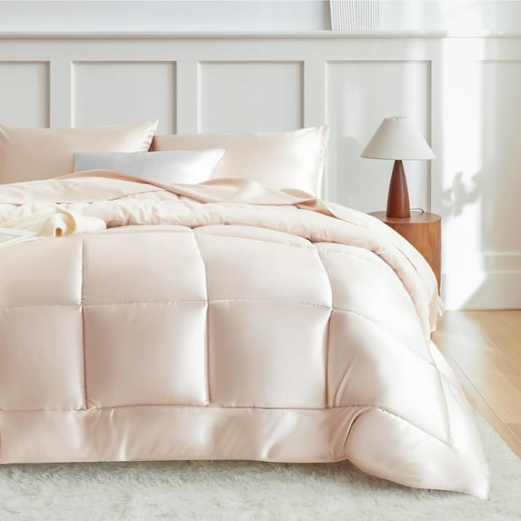 MR&HM Reversible Satin Microfiber Comforter 3 Pieces King Size, Beige King Comforter Set for All Seasons, Silky Soft Satin Comforter for Hair and Skin, with Satin Pillowcases Set of 2