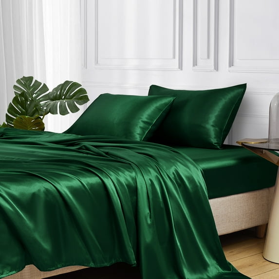 MR&HM Satin Bed Sheets, 3 Pcs Silky Bedding Set, Twin XL, Dark Green
