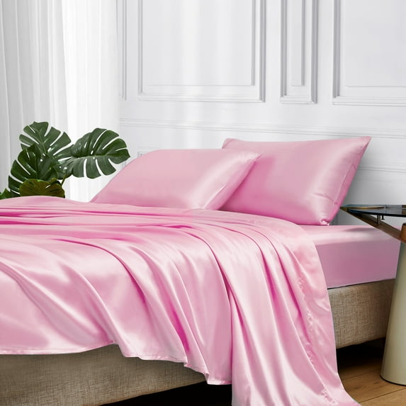 MR&HM Satin Bed Sheets, California King Sheets Set, 4 Pcs Silky Bedding Set, Pink