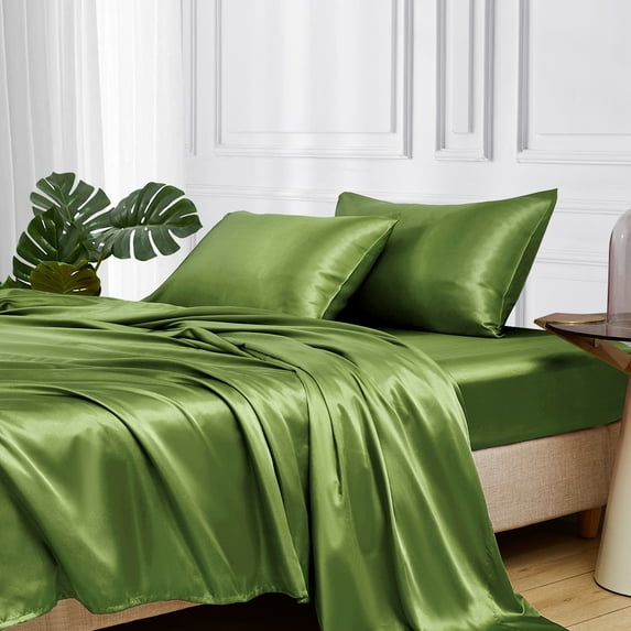 MR&HM Satin Bed Sheets, King Sheets Set, 4 Pcs Silky Bedding Set, Sage