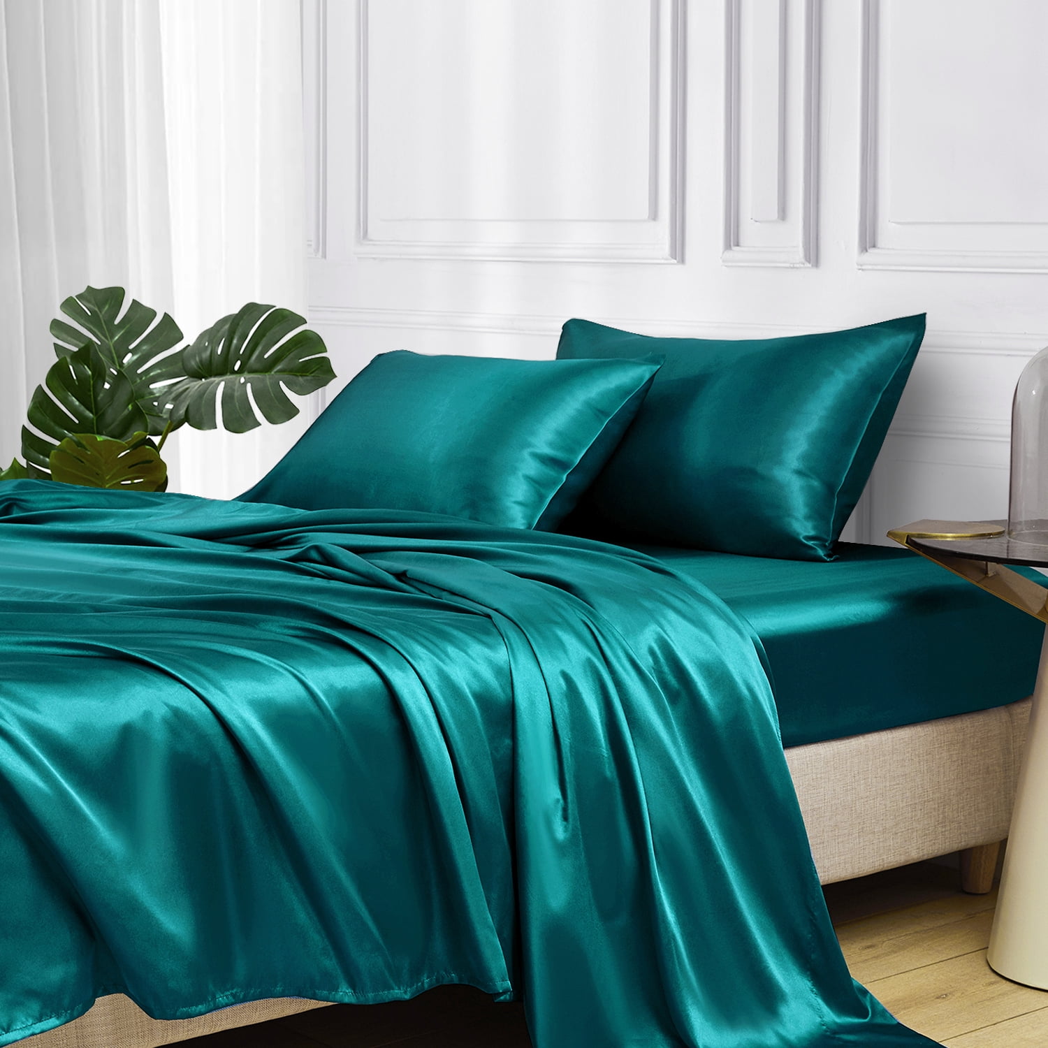 MR&HM Satin Bed Sheets, Queen Sheets Set, 4 Pcs Silky Bedding Set, Teal