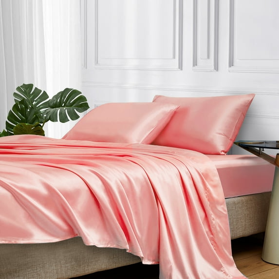 MR&HM Satin Bed Sheets, Queen Size Sheets Set, 6 Pcs Silky Bedding Set, Blush